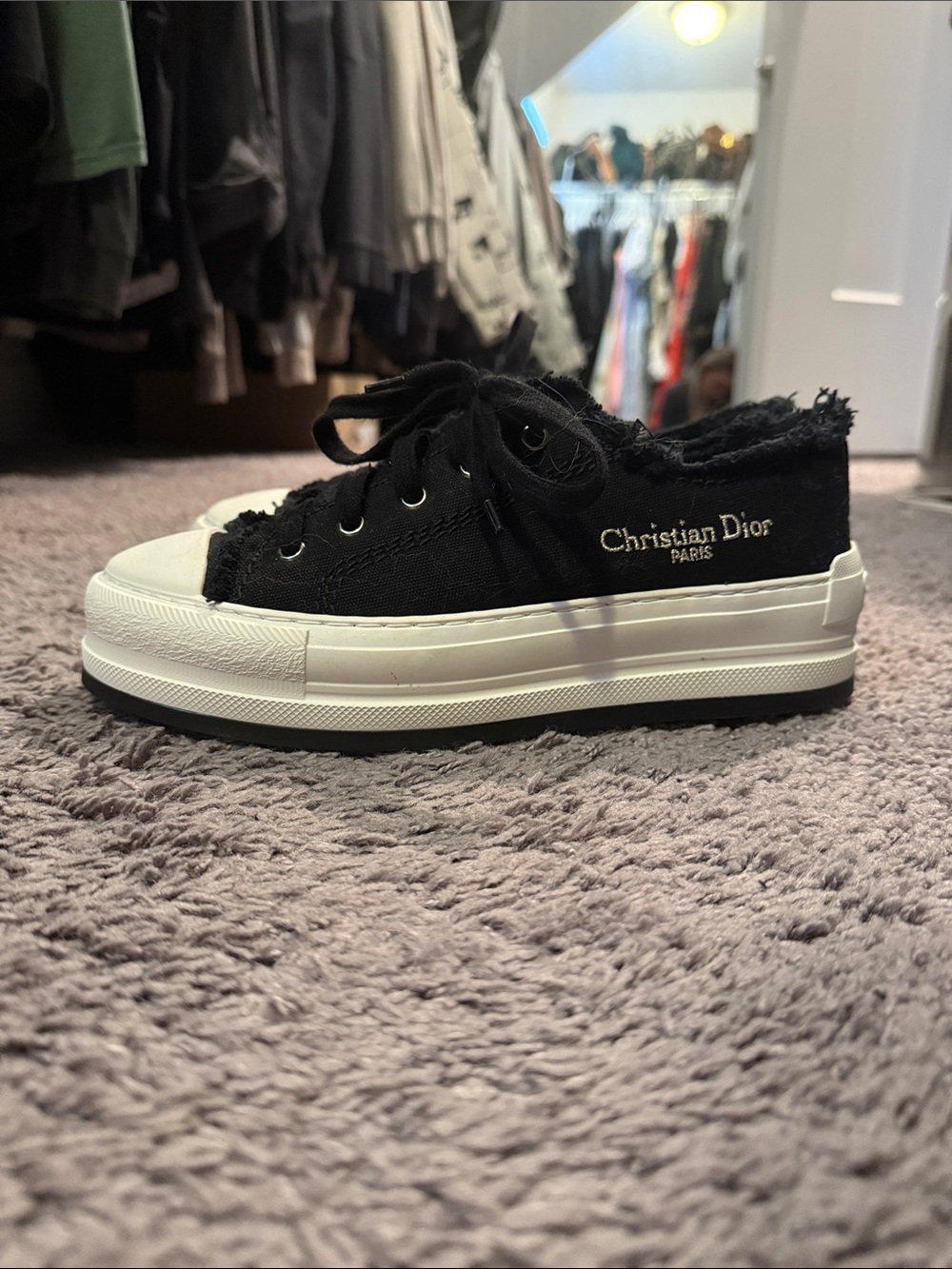 Dior Black Canvas Low-Top Platform Sneakers with White Sole